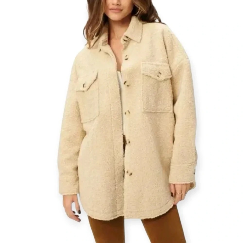 Good American Women's L / XL Sherpa Shacket Cream Oversized Teddy Jacket Fall